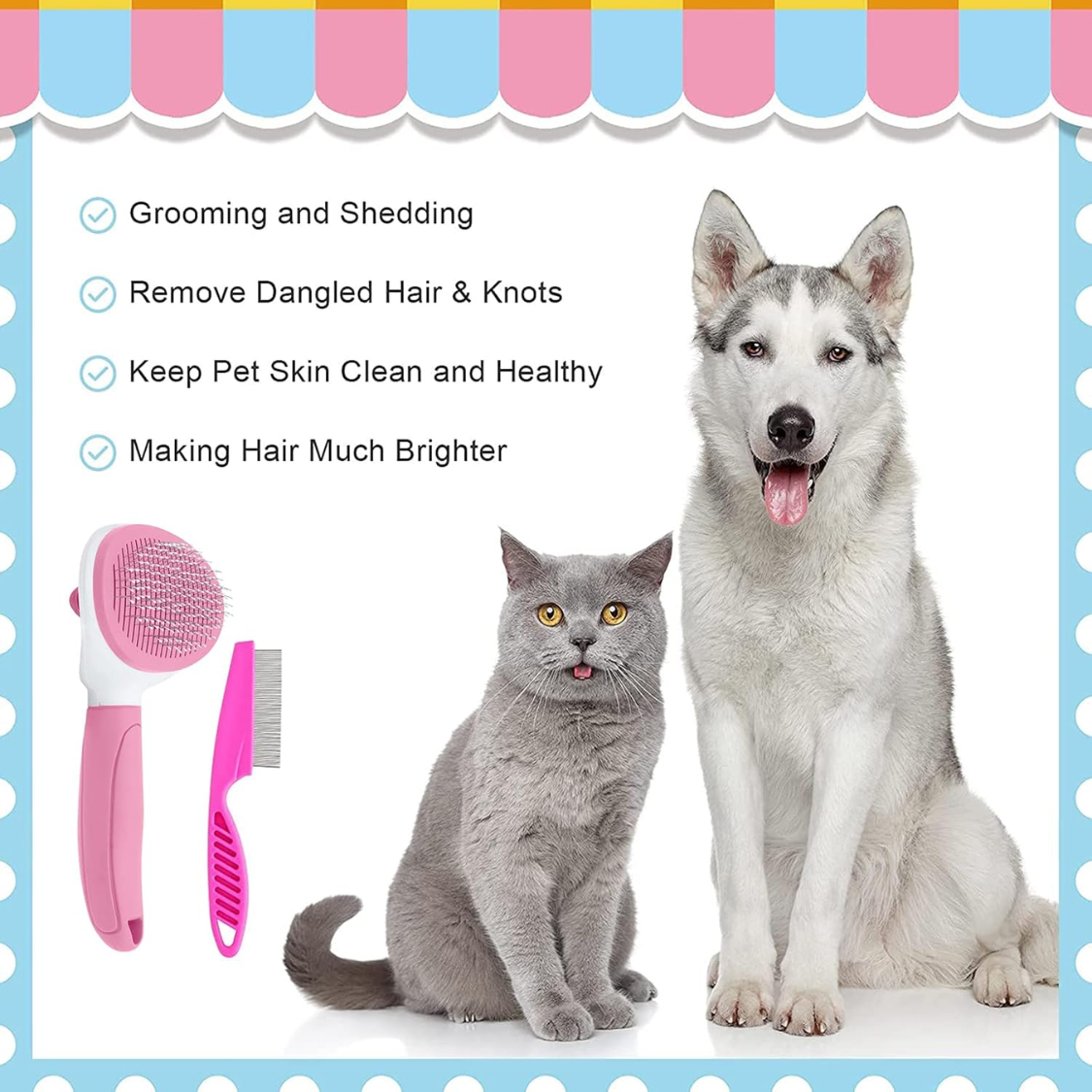 Dog Deshedding Brush with Metal Comb — Self-Cleaning