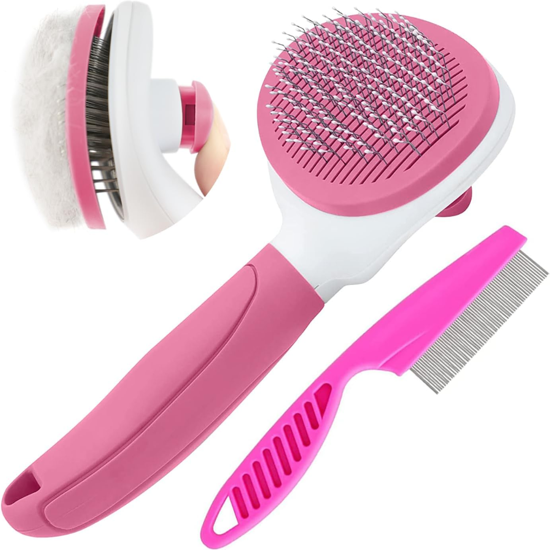 Dog Deshedding Brush with Metal Comb — Self-Cleaning