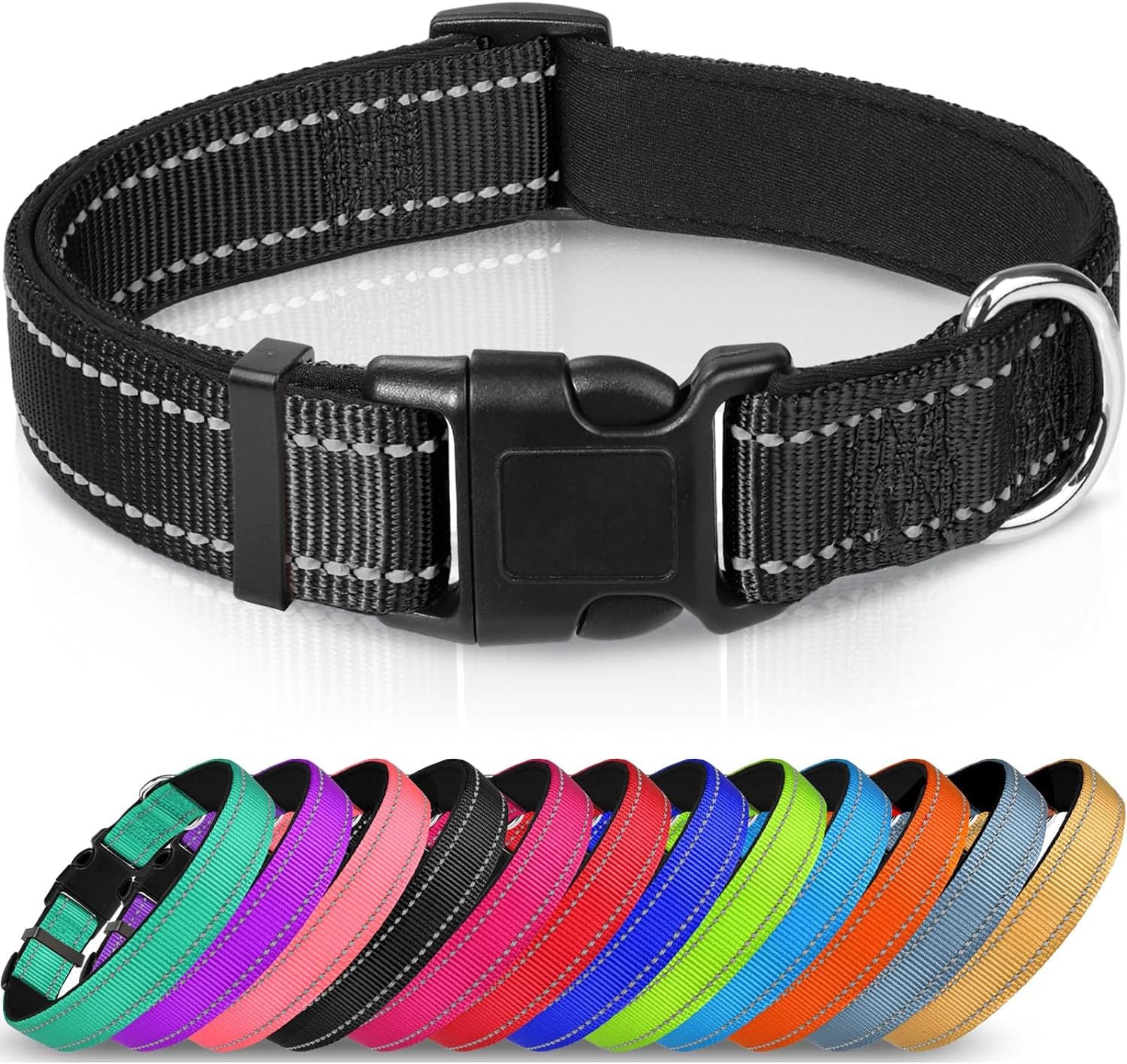 Dog collar Black reflective adjustable nylon